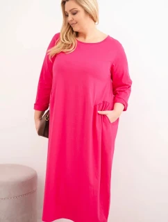 Dámská suknička Plus Size bavlněná s dlouhým rukávem a řasením v pase fuchsie