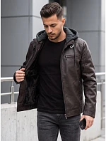 Pánská kožená zateplená bunda s kapucí, hnědá, FashionStreet TX5148