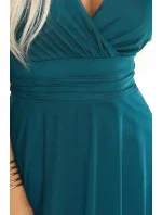 562-4 NASTIA Dlouhé šaty s výstřihem a krátkými rukávy - ZELENÉ