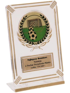 Plastová trofej - transparentní zlatá s prostorem pro 50mm vložku a plaketu o rozměrech 50 mmX20 mm T-M