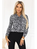 140-28 Služební halenka s dlouhým rukávem a zavazováním vpředu - černobílý vzor