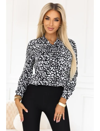 140-28 Služební halenka s dlouhým rukávem a zavazováním vpředu - černobílý vzor