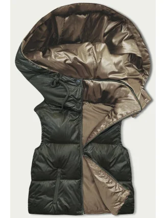 Krátká dámská vesta v khaki barvě s kapucí (B8156-11) Krátká dámská vesta v khaki barvě s kapucí (B8156-11)
