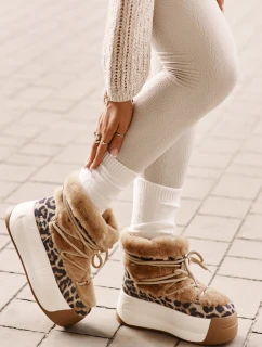 Kožené Dámské Sněhule Na Silné Podešvi S Kožešinou Panteřa Big Star OO274A207 Hnědé