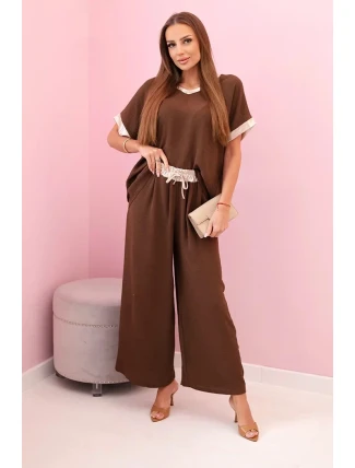 Viskózový komplet se zlatým lemováním hnědý