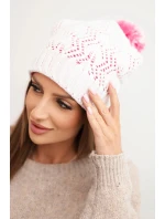 Dámská zimní čepice s vlnou v ozdobném pletení s bambulí K467 bílá + růžová