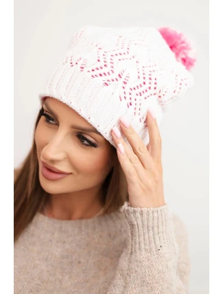 Dámská zimní čepice s vlnou v ozdobném pletení s bambulí K467 bílá + růžová