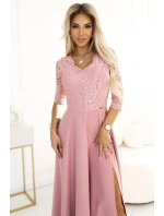 309-13 AMBER elegantní dlouhé krajkové šaty s výstřihem - pudrově růžové