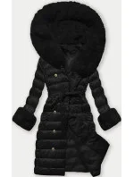 Černý péřový dámský kabát se zapínáním na knoflíky (5M3160/1-392)