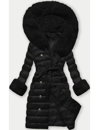 Černý péřový dámský kabát se zapínáním na knoflíky (5M3160/1-392)