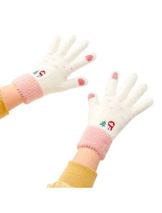 Dámské zimní rukavice na telefon se sněhulákem a vánočním stromkem - bílo-růžové dámské
