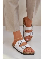 Materiálové pantofle na korkové podrážce s přezkami světle šedé Atera