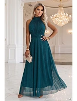 636-4 VERONICA – luxusní dlouhé šaty s brokátovým detailem a elegantním střihem – zelené