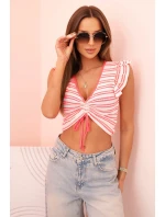 Dámská pruhovaná blůza s nařasením a volánky neonově růžová