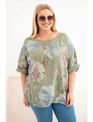 Dámská bavlněná halenka Plus Size s krátkým rukávem a květinovým vzorem khaki