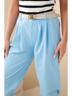 Dámské bavlněné kalhoty s vysokým pasem a páskem modré