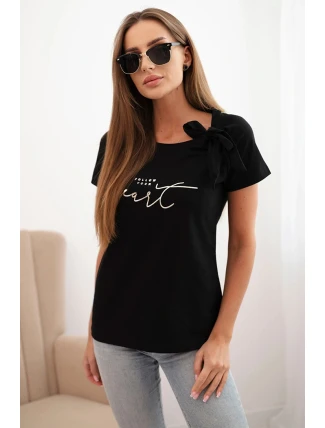 Dámská bavlněná halenka s mašlí na rameni a s potiskem černá