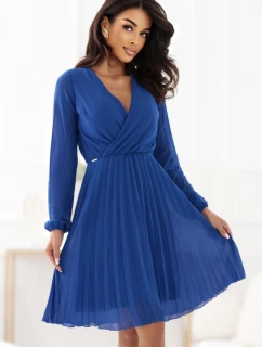 313-18 ISABELLE Elegantní plisované šaty s výstřihem a dlouhými rukávy - chrpově modré