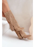 Semišové Kozačky Do Poloviny Lýtka S Otočeným Svrškem Na Podpatku Béžové Zazoo 3487