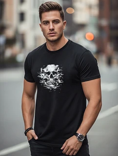 Pánské bavlněné tričko s chlupatým potiskem lebky černé FashionStreet NX085R