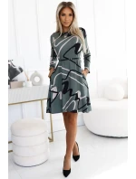 576-1 Svetrové trapézové šaty s páskem - OLIVE v černo-béžovém vzoru 576-1 Svetrové trapézové šaty s páskem - OLIVE v černo-béžovém vzoru