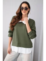 Dámská máslová mikina z viskózy s košilovou vsadkou khaki