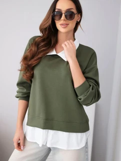 Dámská máslová mikina z viskózy s košilovou vsadkou khaki