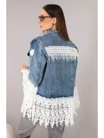 Dámská džínová bunda bavlněná s květinovou krajkou a třásněmi tmavě džínová