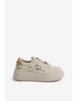 Dámské Kožené Sneakersy Na Platformě S Přišitými A Nápisem Vinceza 89102 Béžové Dámské Kožené Sneakersy Na Platformě S Přišitými A Nápisem Vinceza 89102 Béžové