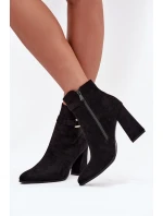 Dámské zateplené kotníkové botky z eko semiše na sloupku s ozdobou – černé Lymall