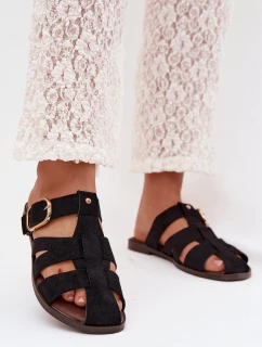 Dámské ploché nazouváky s pásky a zlatým přezkou Černé Elzora