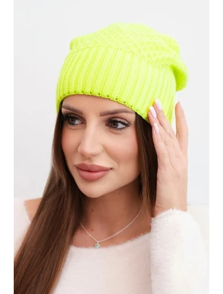 Dámská zimní čepice z vlny s dvojitým ohrnutým lemem K426 neonově žlutá
