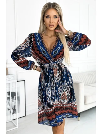516-1 Šifonové šaty s výstřihem a dlouhými rukávy - indický vzor