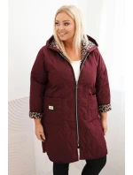 Dámská zimní prošívaná bunda Plus Size s podšívkou v leopardím vzoru a kapucí bordová
