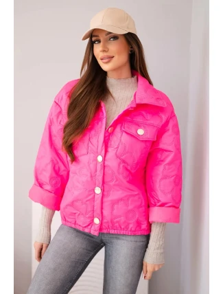 Dámská jarní prošívaná bunda s květinovým vzorem růžový neon