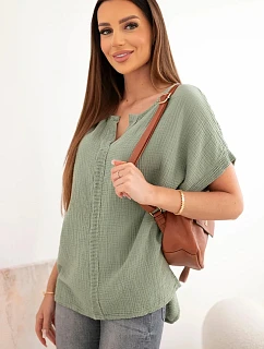 Dámská bavlněná mušelínová halenka oversize s výstřihem do V a krajkou khaki