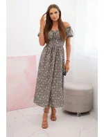 Dámské maxi šaty s květinami a nabíračkami khaki