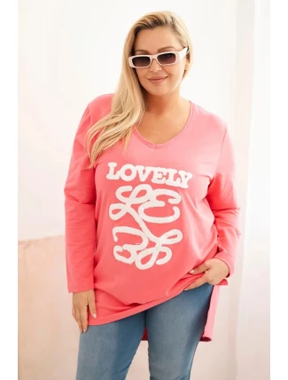 Dámská blůza Plus Size bavlněná s nápisem a výstřihem do V růžová