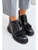 Kožené Lakované Botky S Dekorací Zateplené D&A LZ42-036 Černé