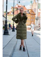 Dlouhá zimní bunda v barvě khaki s kožešinovým límcem (j9-071)