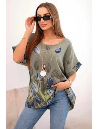 Dámská bavlněná košile s květinovým vzorem khaki