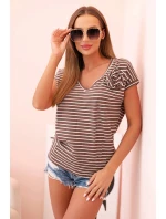 Dámská bavlněná blůza s pruhy a V výstřihem hnědá