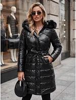 Długa kurtka damska zimowa pikowana z paskiem czarna FashionStreet TY5361