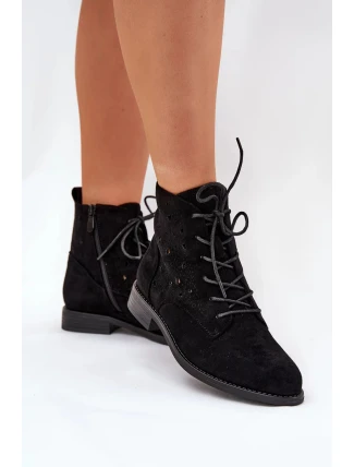 Dámské šněrovací kotníkové botky s perforovaným vzorem – černé S.Barski 