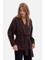 B297 Pletené sako bez límce s otevřenou přední částí - tmavá čokoláda