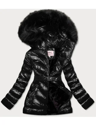 Černá lesklá zimní bunda s mechovitou kožešinovou podšívkou (w673)