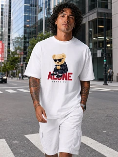 Pánské tričko oversize s medvídkem a nápisy bílé FashionStreet NX1025R