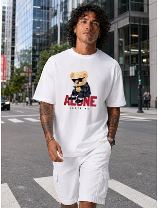 Pánské tričko oversize s medvídkem a nápisy bílé FashionStreet NX1025R