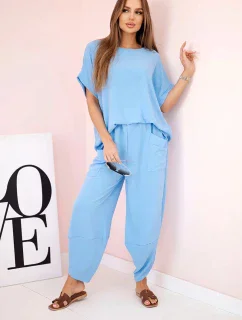 Komplet z viskózy halenka + kalhoty modrý