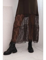 Dámské šaty s tylovým spodním dílem a rukávy hnědá